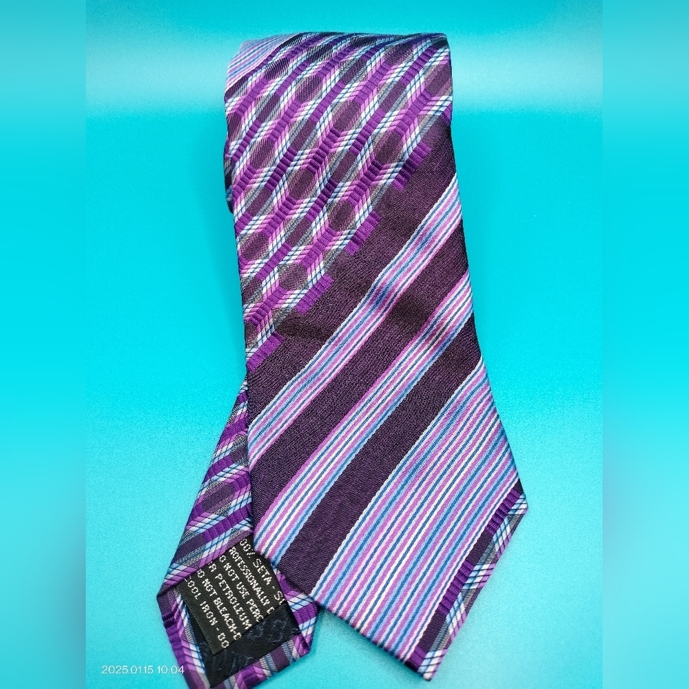 Missoni Tie Necktie Silk Purple Blue Striped Abstract Retro Classic Textured